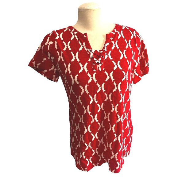 Chico's Red & White Geometric Blouse Lace Neck Sz 1 (Medium 8/10) Womens Short S - Picture 4 of 9
